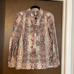 All Saints Toni Arietta tie neck shirt leopard animal print pink black tan sz 4